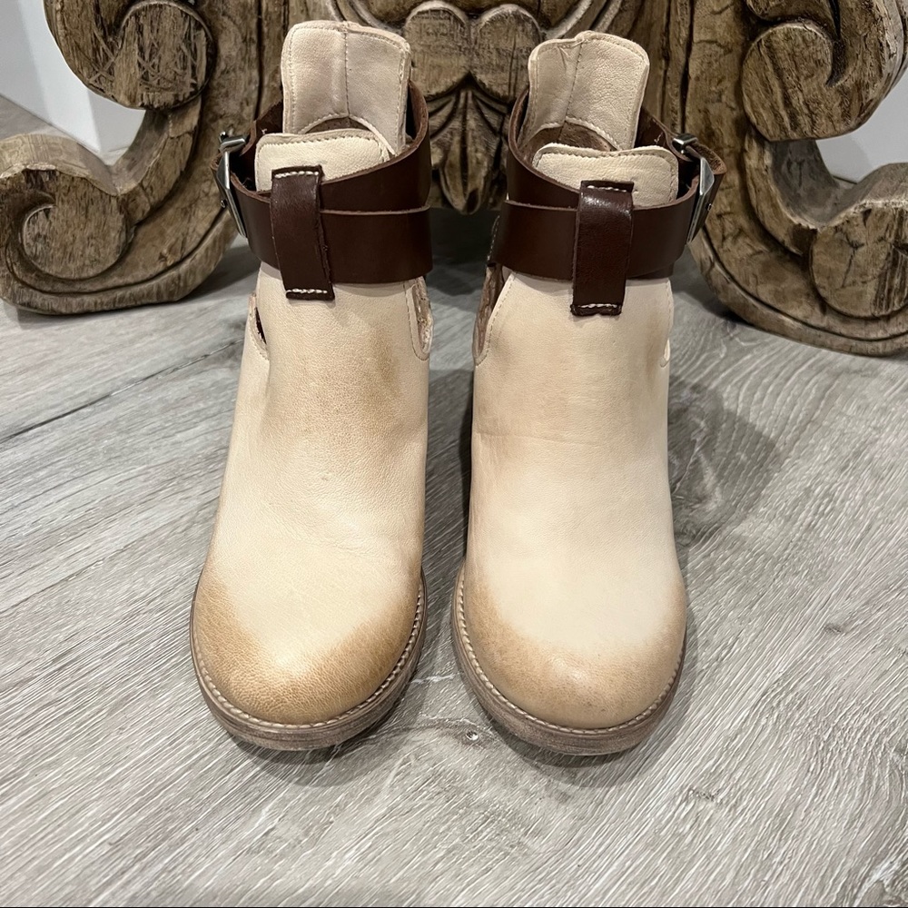 PIRANHA Leather Booties Buckle at Ankle Cut-Out Side Stacked Heel Women’s 8